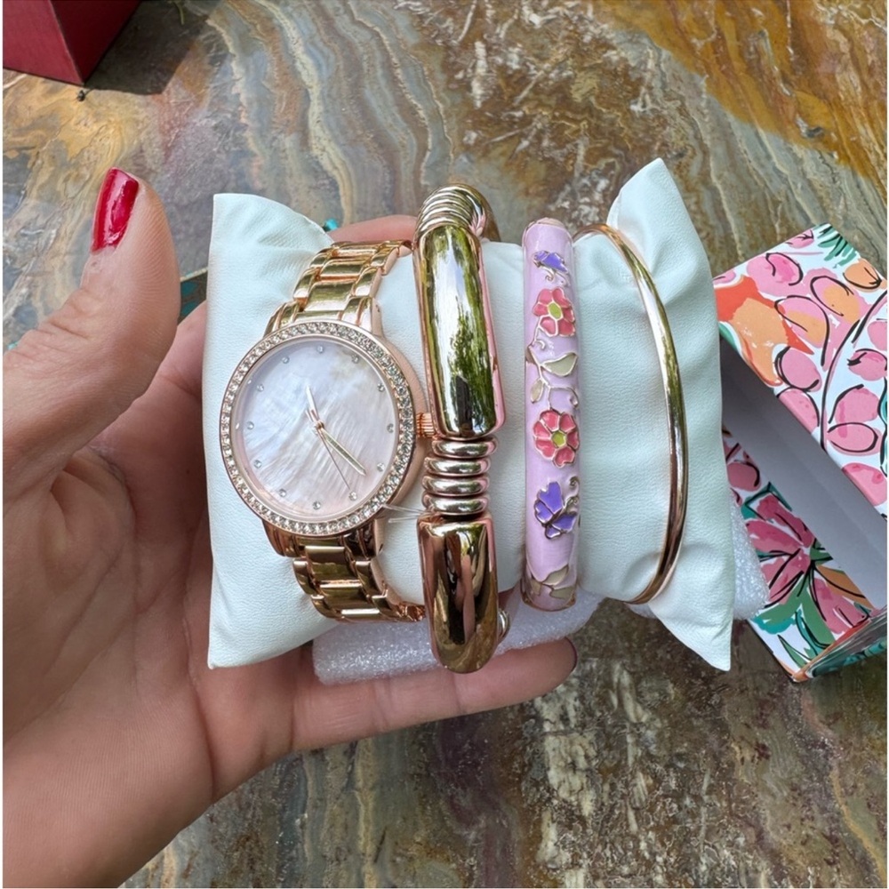 Gold and Pink Watch and Bracelet Set